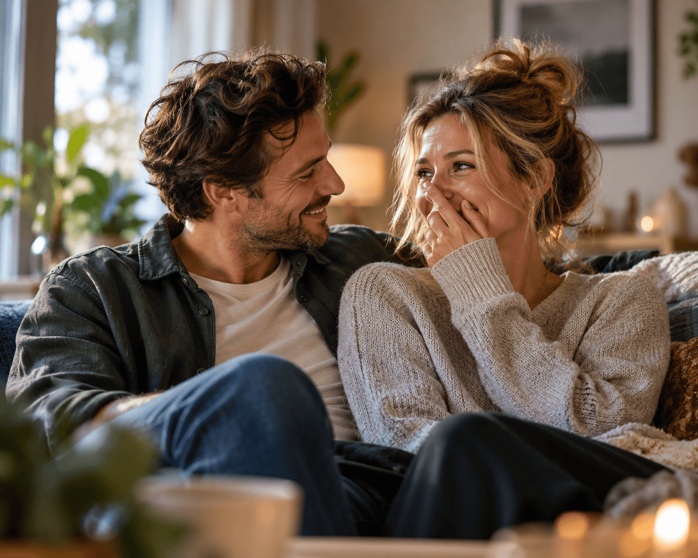 Man en vrouw zitten lachend dicht bij elkaar op de bank in een sfeervolle huiskamer