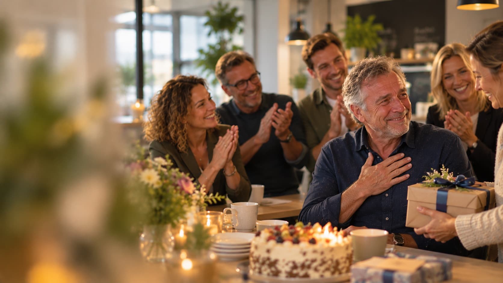Collega met zijn hand op zijn hart wordt toegejuicht door zijn team en krijgt een cadeau bij zijn afscheid