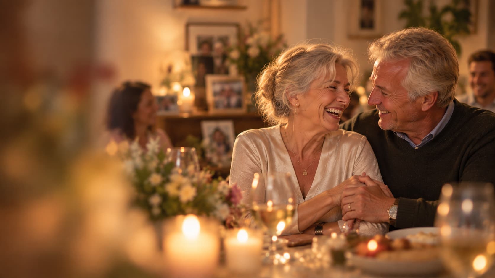 Ouder echtpaar lacht naar elkaar aan een feestelijk gedekte tafel, met ingelijste familiefoto's op de achtergrond