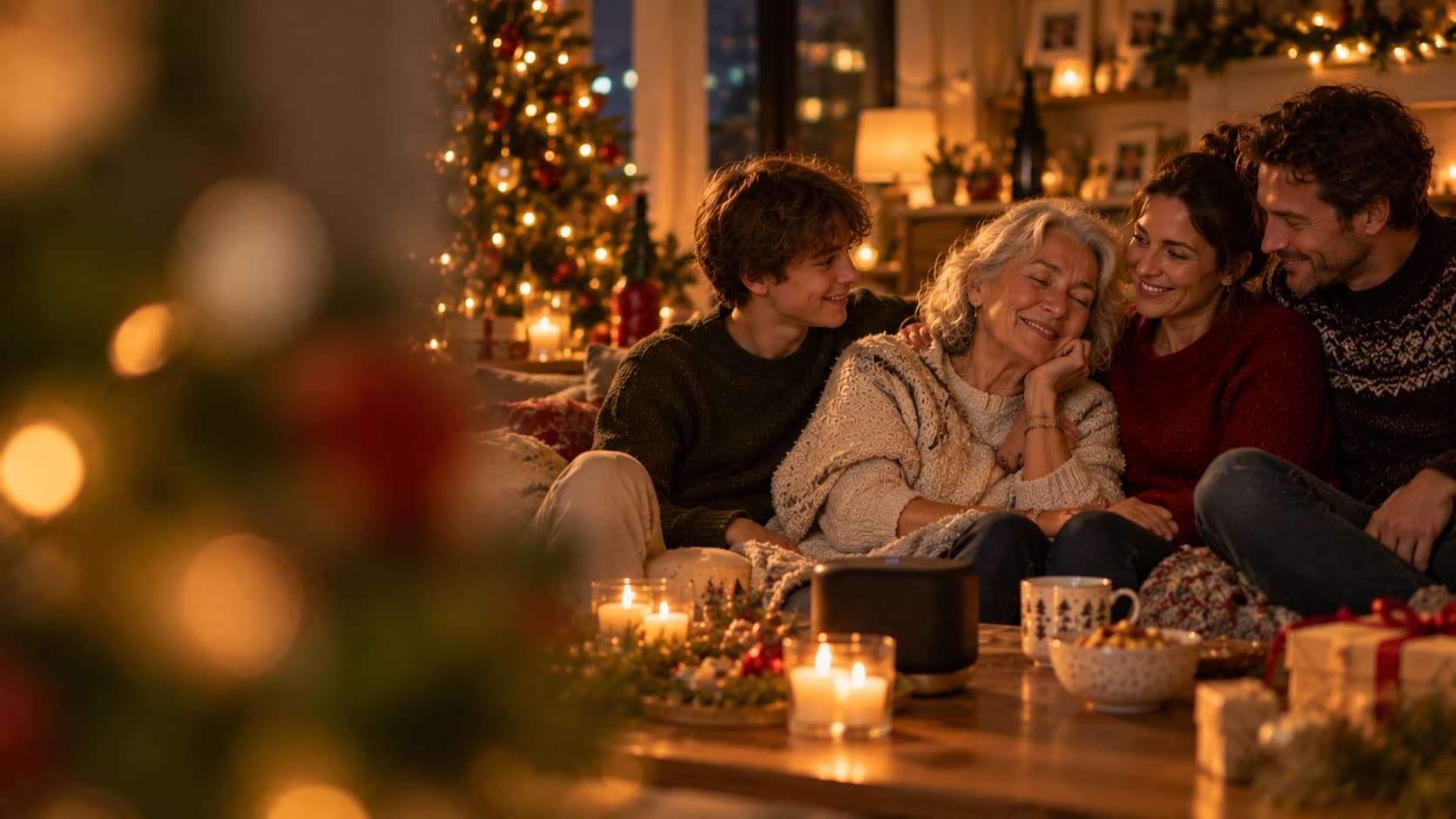 Familie van drie generaties luistert samen naar muziek in een gezellige kerstkamer, oma glimlacht met gesloten ogen