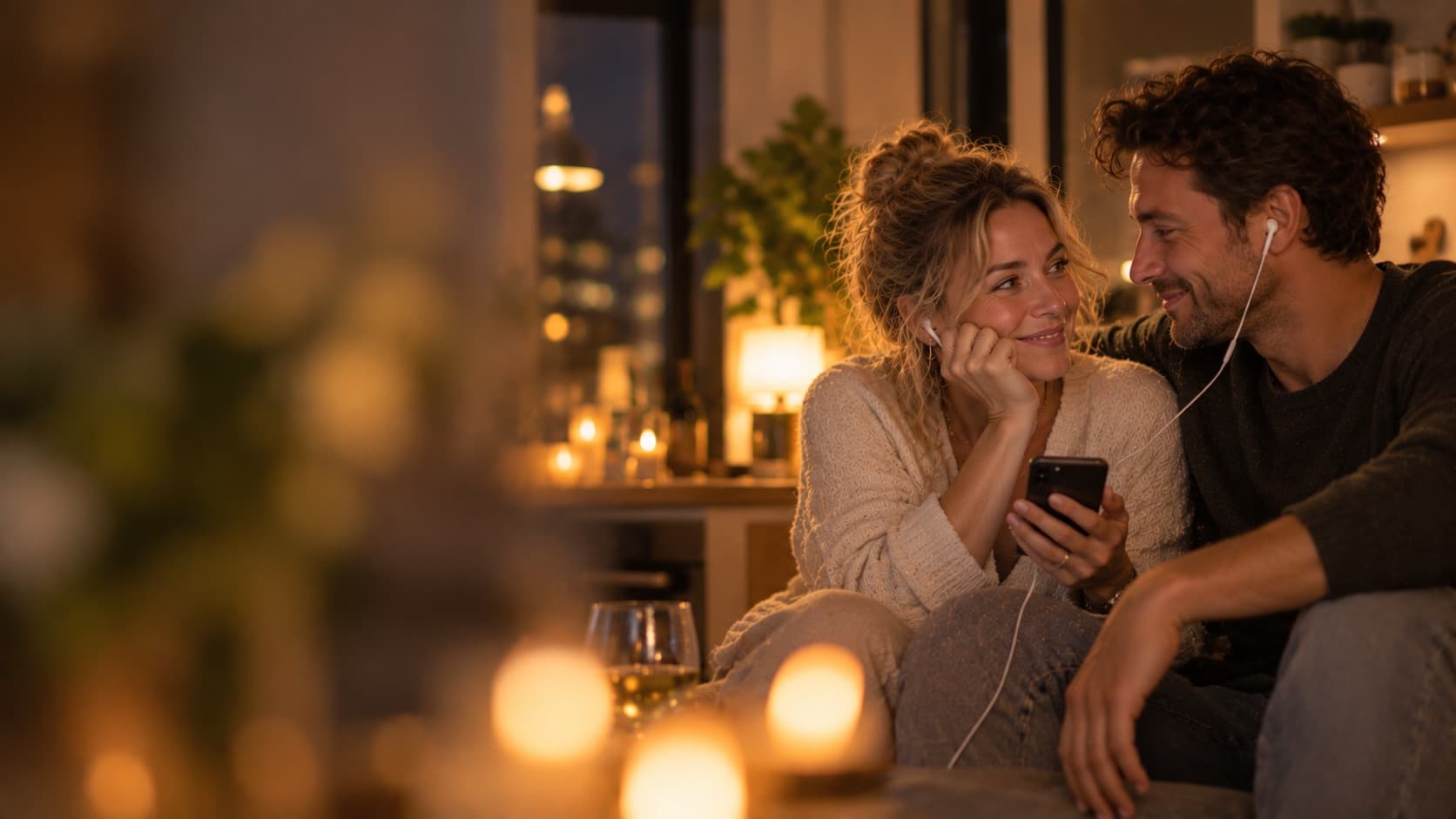 Stel zit dicht tegen elkaar en luistert samen met oordopjes naar een lied op een telefoon